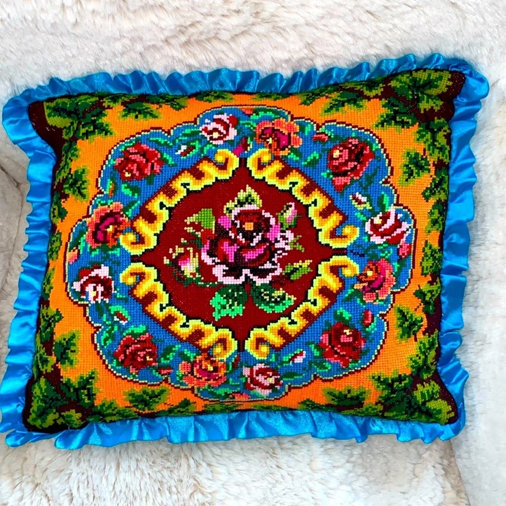 Handmade Ukrainian Pillow Floral Decorative Aqua Ruffled Vintage‎ 18
